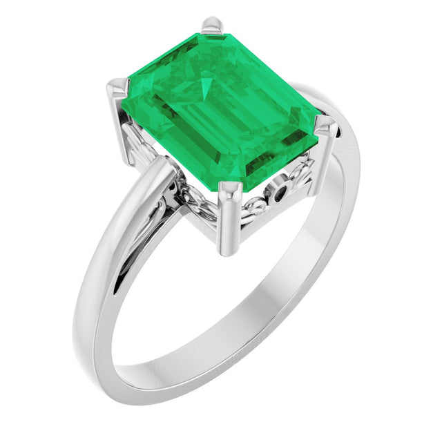 14K Gold Emerald Lab-Grown Emerald Scroll Setting Solitaire Ring - White Gold