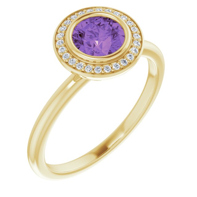 14K Gold Round Natural Amethyst & Natural Diamond Bezel-Set Halo-Style Ring - Yellow Gold