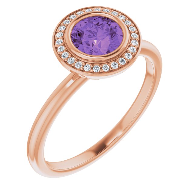 14K Gold Round Natural Amethyst & Natural Diamond Bezel-Set Halo-Style Ring - Rose Gold