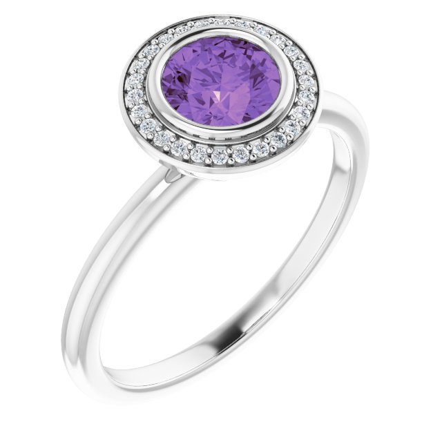 14K Gold Round Natural Amethyst & Natural Diamond Bezel-Set Halo-Style Ring - White Gold