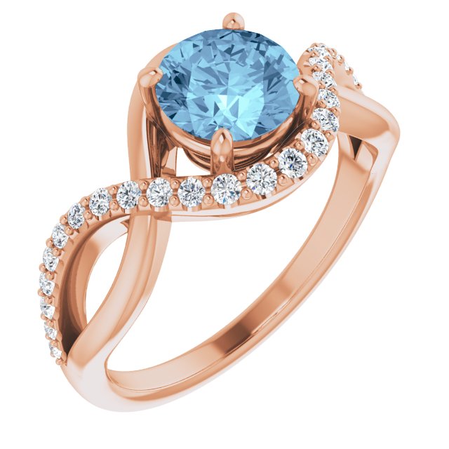 14K Gold Round Natural Aquamarine & Natural Diamond Accented Ring - Rose Gold