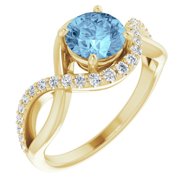 14K Gold Round Natural Aquamarine & Natural Diamond Accented Ring - Yellow Gold