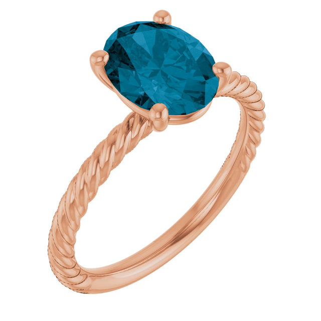 14K Gold Oval Natural London Blue Topaz Rope Solitaire Ring - Rose Gold
