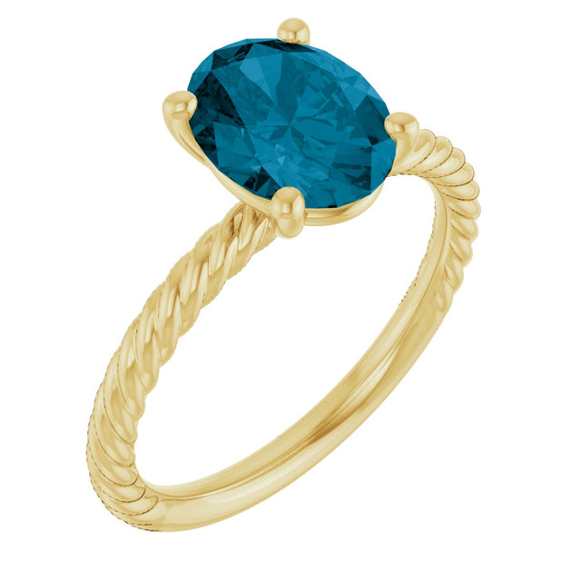14K Gold Oval Natural London Blue Topaz Rope Solitaire Ring - Yellow Gold