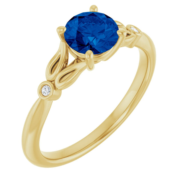 14K Gold Round Lab-Grown Blue Sapphire & Natural Diamond Accented Ring - Yellow Gold