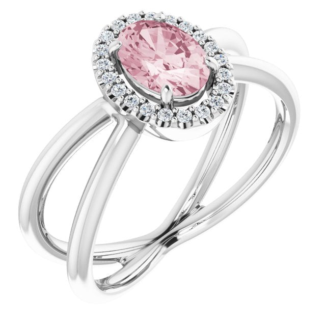 Platinum Oval Natural Pink Morganite & Natural Diamond Halo-Style Ring – 7x5mm