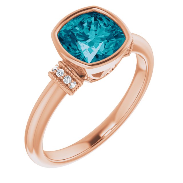 14K Gold Cushion Natural Checkerboard London Blue Topaz & Natural Diamond Bezel-Set Accented Ring - Rose Gold