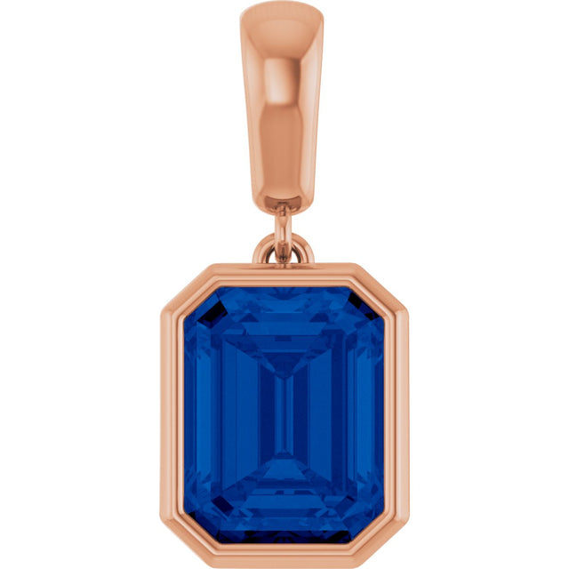 14K Gold Emerald Lab-Grown Blue Sapphire Bezel-Set Pendant - Rose Gold