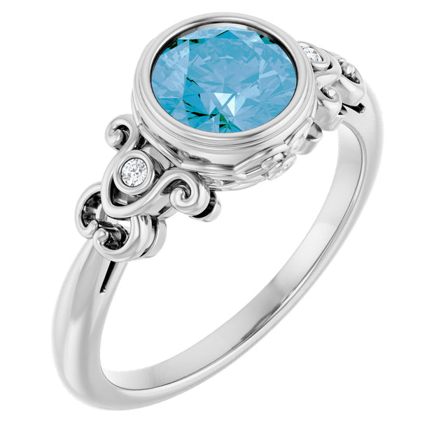 14K Gold Round Natural Swiss Blue Topaz & Natural Diamond Bezel-Set Accented Sculptural Ring