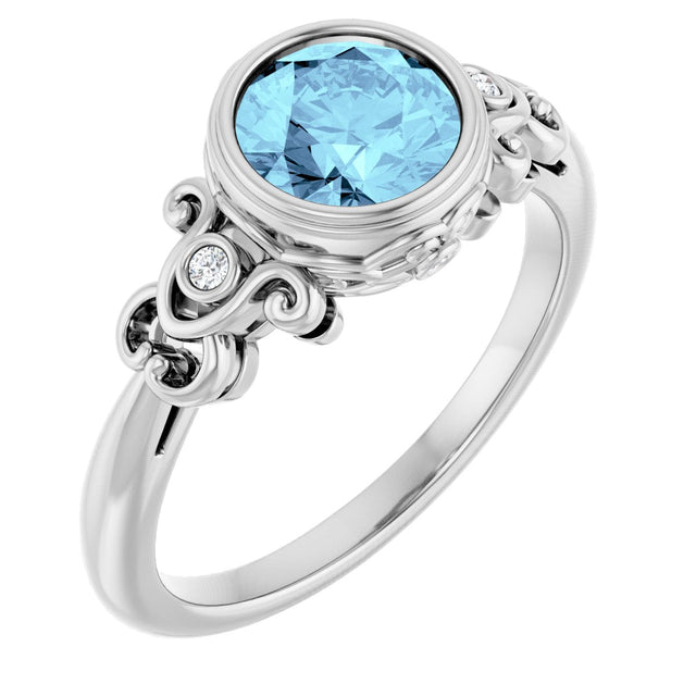 Platinum Round Natural Aquamarine & Natural Diamond Bezel-Set Accented Sculptural Ring