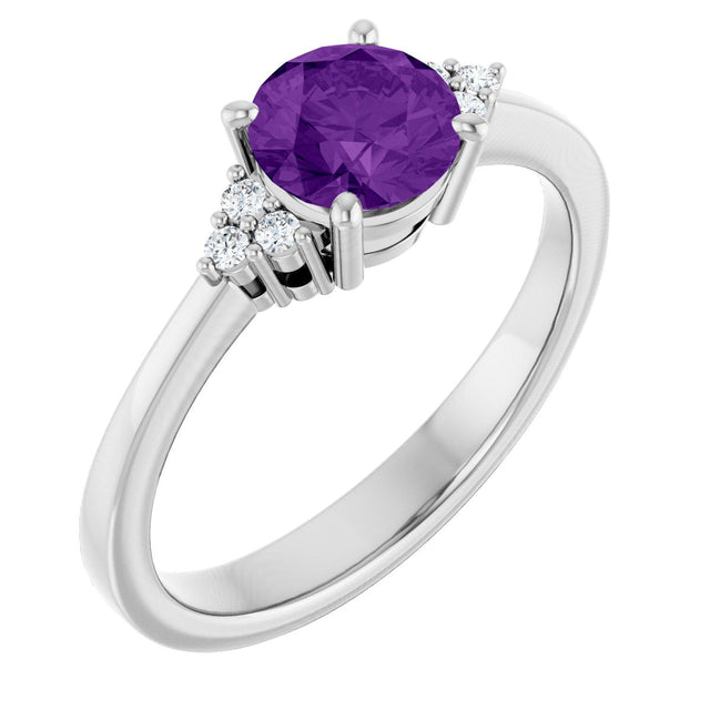 14K Gold Oval Natural Amethyst & Lab-Grown Diamond Accented Ring – 6x4mm - White Gold