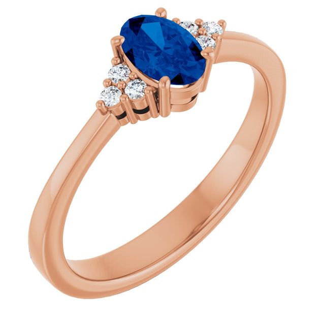 14K Gold Oval Lab-Grown Blue Sapphire & Lab-Grown Diamond Accented Ring – 6-8mm Stones - Rose Gold
