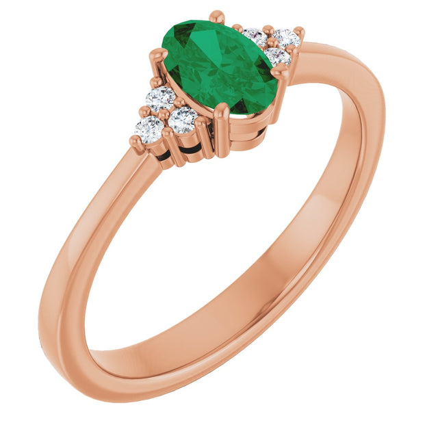 14K Gold Oval Lab-Grown Emerald & Lab-Grown Diamond Accented Ring – 6-8mm Stones - Rose Gold