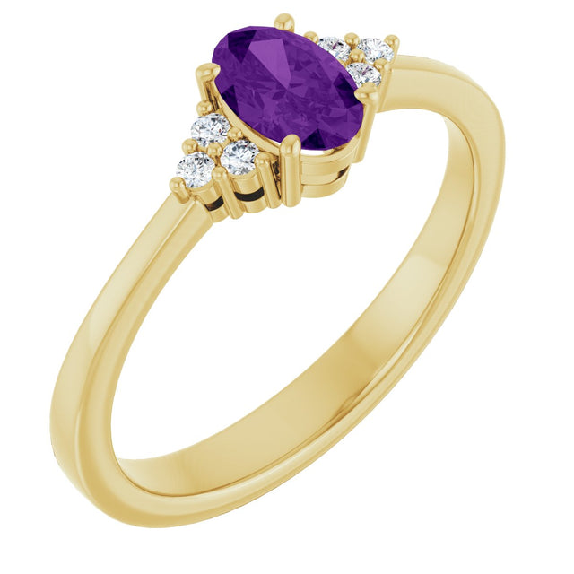 14K Gold Oval Natural Amethyst & Lab-Grown Diamond Accented Ring – 6x4mm - Yellow Gold