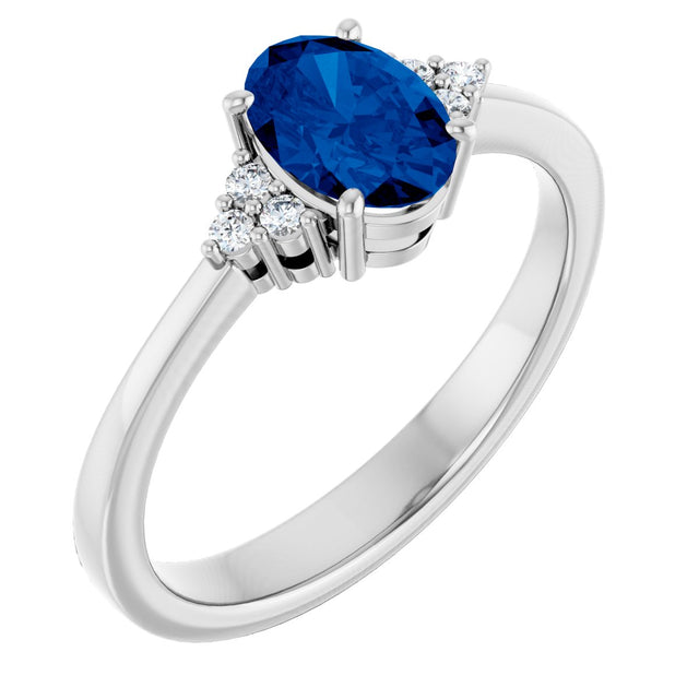 14K Gold Oval Lab-Grown Blue Sapphire & Lab-Grown Diamond Accented Ring – 6-8mm Stones - White Gold