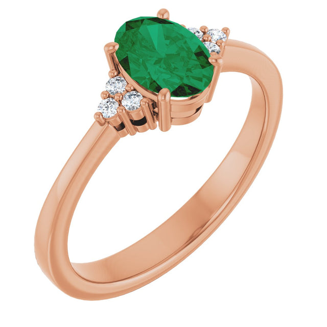 14K Gold Oval Lab-Grown Emerald & Lab-Grown Diamond Accented Ring – 6-8mm Stones - Rose Gold