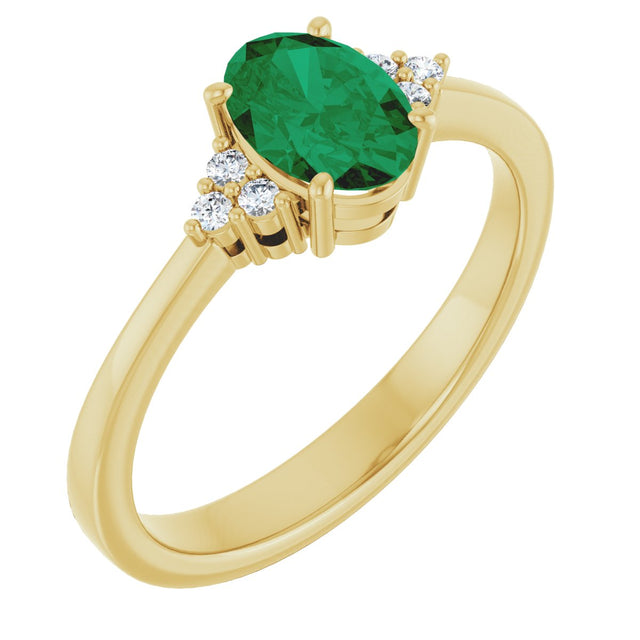 14K Gold Oval Lab-Grown Emerald & Lab-Grown Diamond Accented Ring – 6-8mm Stones - Yellow Gold