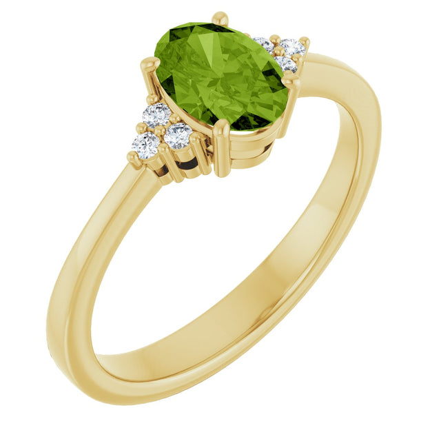 14K Gold Oval Natural Peridot & Lab-Grown Diamond Accented Ring – 6x4mm - Yellow Gold