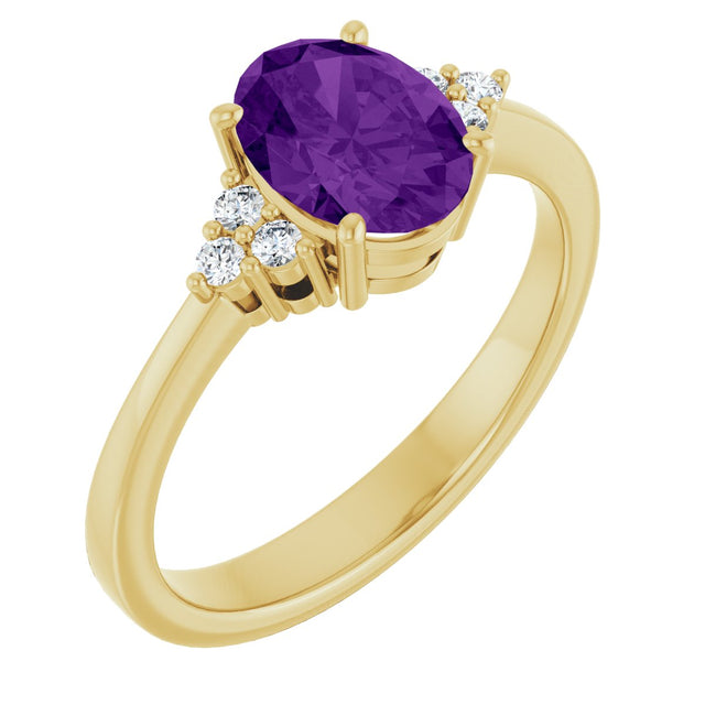 10K Gold Oval Natural Amethyst & Lab-Grown Diamond Accented Ring – 6x4mm - Yellow Gold
