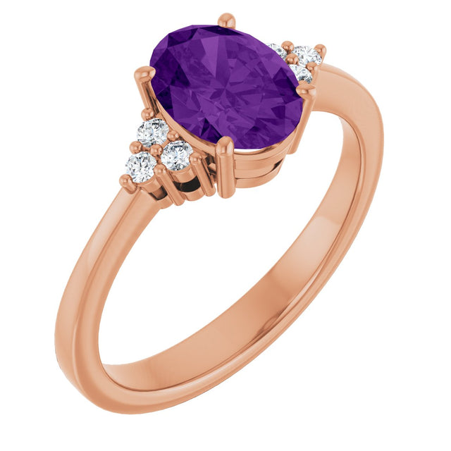 14K Gold Oval Natural Amethyst & Lab-Grown Diamond Accented Ring – 6x4mm - Rose Gold