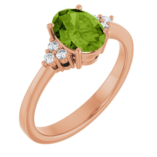 14K Gold Oval Natural Peridot & Lab-Grown Diamond Accented Ring – 6x4mm - Rose Gold