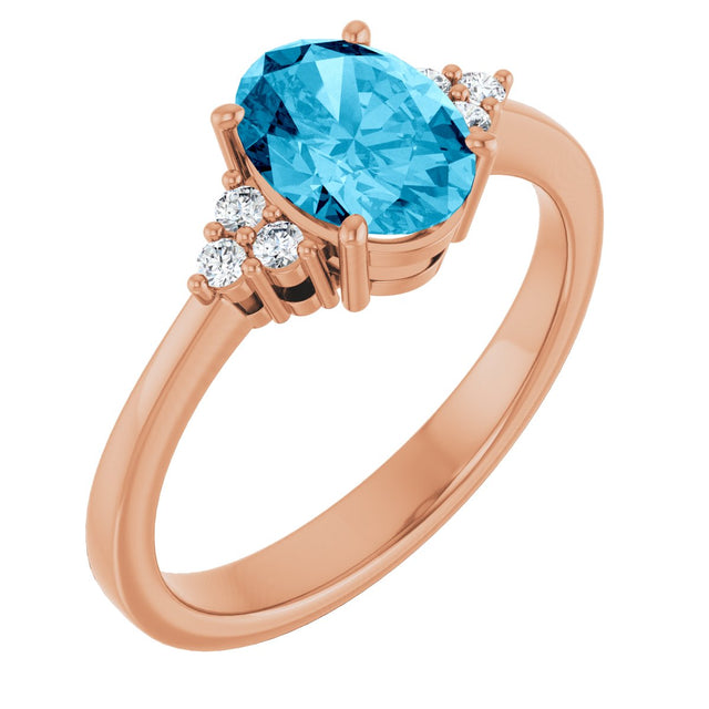 14K Gold Emerald Natural Aquqmarine and Lab-Grown Diamond Accented Ring - Rose Gold