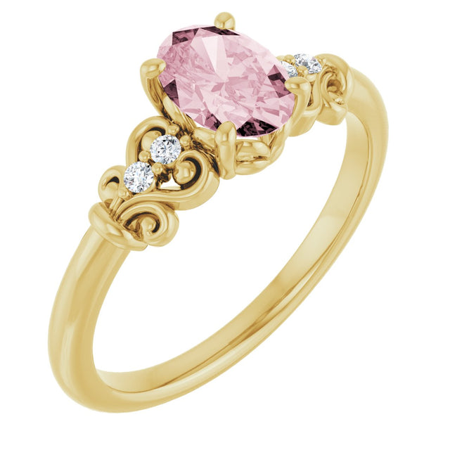 14K Gold Oval Natural Pink Morganite & Natural Diamond Accented Sculptural Ring - Yellow Gold