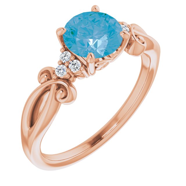 14K Gold Round Natural Swiss Blue Topaz & Natural Diamond Accented Sculptural Ring - Rose Gold