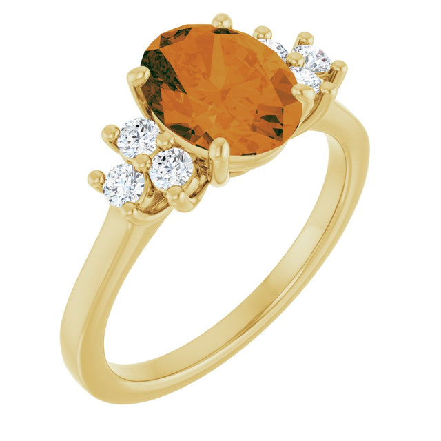 14K Gold Oval Natural Citrine & Natural Diamond Accented Ring - Yellow Gold