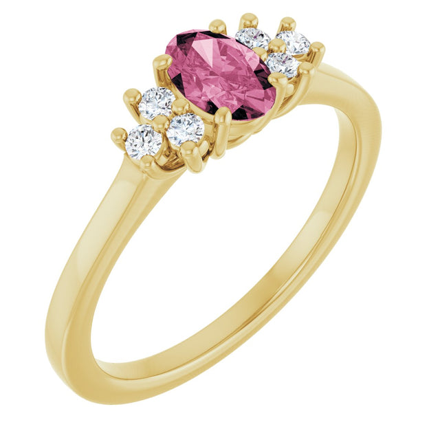 14K Gold Oval Natural Pink Tourmaline & Natural Diamond Accented Ring – 6mm Stones - Yellow Gold