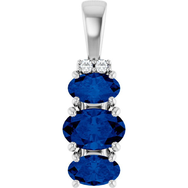 14K Gold Oval Lab-Grown Blue Sapphire & Natural Diamond Accented Three-Stone Pendant