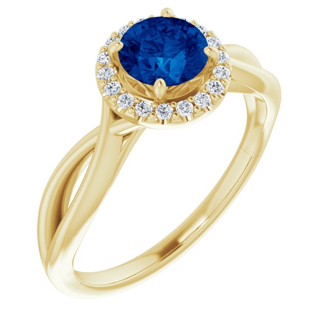 14K Gold Round Lab-Grown Lab-Grown Blue Sapphire & Natural Diamond Halo-Style Ring - Yellow Gold