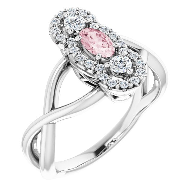 14K Gold Oval Natural Pink Morganite & Natural Diamond Three-Stone Ring - White Gold