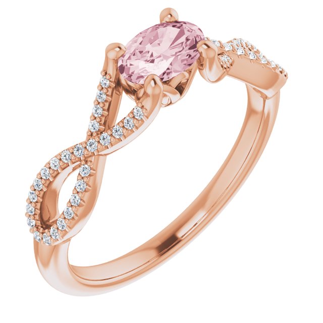 14K Gold Oval Natural Pink Morganite & Natural Diamond Accented Ribbon Ring