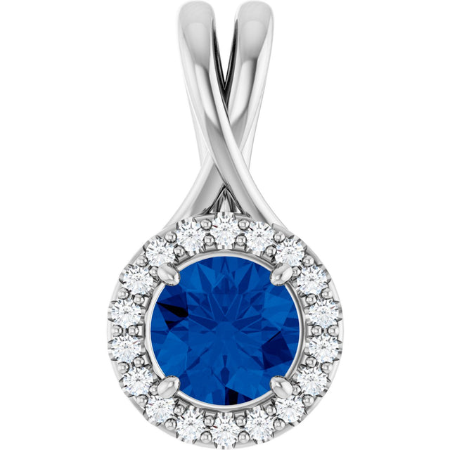 14K Gold Round Natural Blue Sapphire & Natural Diamond Halo-Style Pendant – 1/10 CTW - White Gold