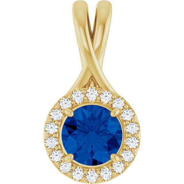 14K Gold Round Natural Blue Sapphire & Natural Diamond Halo-Style Pendant – 1/10 CTW - Yellow Gold