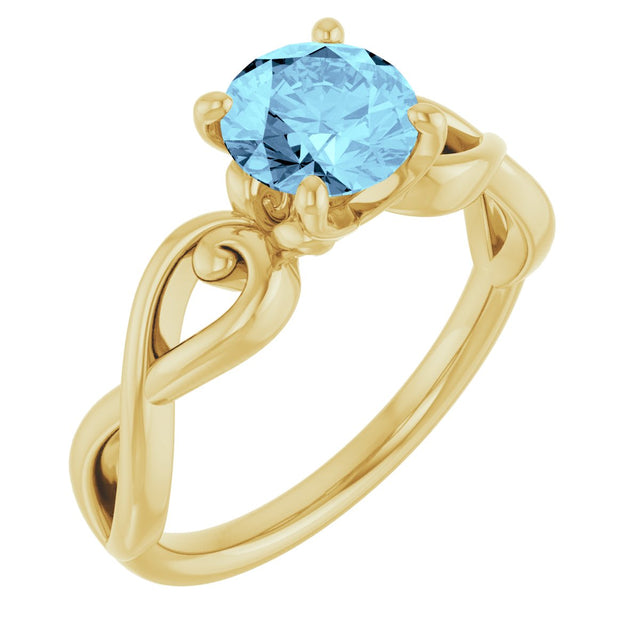 14K Gold Round Natural Aquamarine Solitaire Ring – 6.5mm Stones - Yellow Gold