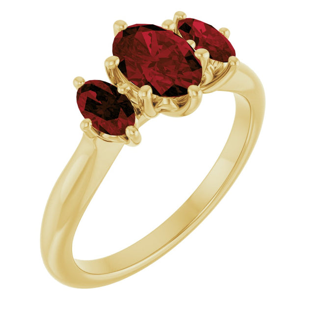 14K Gold Oval Natural Mozambique Garnet Three-Stone Ring - Yellow Gold
