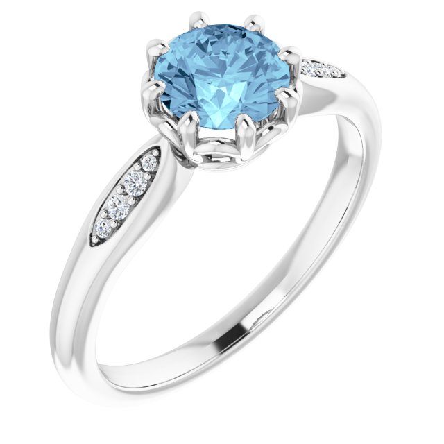 Platinum Round Natural Aquamarine & Natural Diamond Accented Ring – 6mm Stones