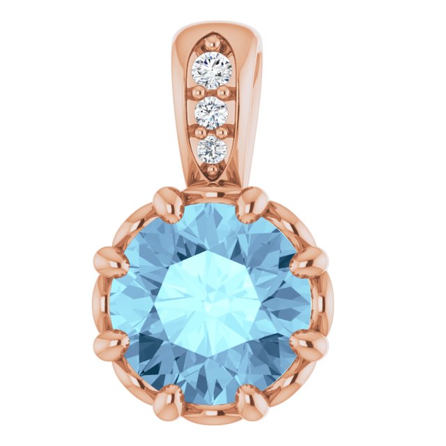 14K Gold Round Natural Aquamarine & Natural Diamond Accented Pendant - Rose Gold