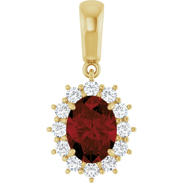 14K Gold Oval Natural Mozambique Garnet & Natural Diamond Halo-Style Necklace or Pendant – 1/3 CTW - Yellow Gold