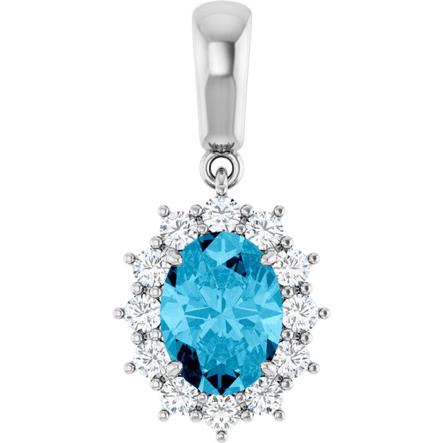 14K Gold Oval Natural Aquamarine & Natural Diamond Halo-Style Necklace or Pendant - White Gold