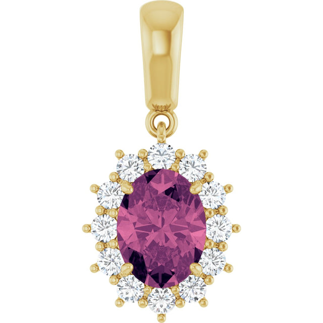 14K Gold Oval Natural Pink Tourmaline & Natural Diamond Halo-Style Necklace or Pendant – 1/3 CTW - Yellow Gold