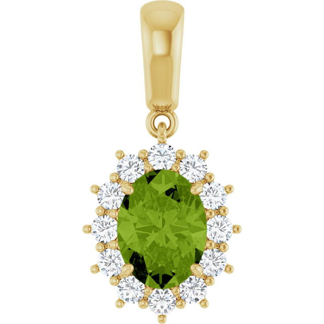 14K Gold Oval Natural Peridot & Natural Diamond Halo-Style Necklace or Pendant - Yellow Gold
