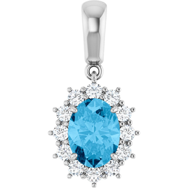 14K Gold Oval Natural Swiss Blue Topaz & Natural Diamond Halo-Style Necklace or Pendant – 1/3 CTW - White Gold
