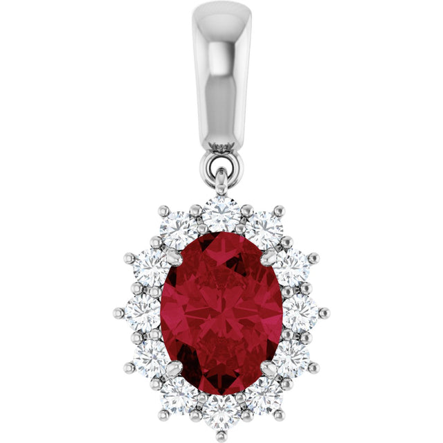 14K Gold Oval Lab-Grown Ruby & Natural Diamond Halo-Style Necklace or Pendant - White Gold