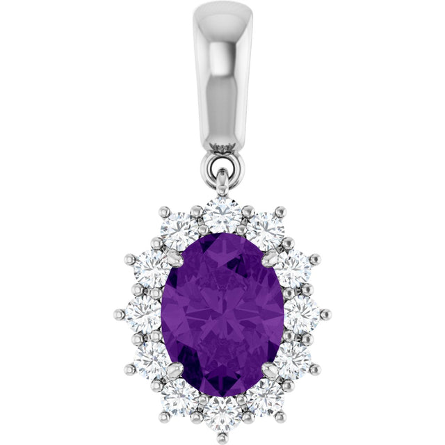 14K Gold Oval Natural Amethyst & Natural Diamond Halo-Style Necklace or Pendant - White Gold