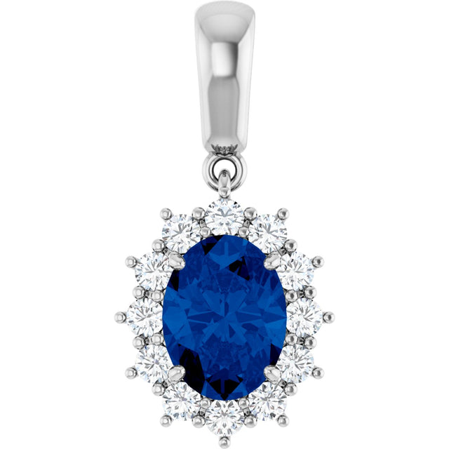 14K Gold Oval Lab-Grown Blue Sapphire & Natural Diamond Halo-Style Necklace or Pendant – 1/3 CTW - White Gold