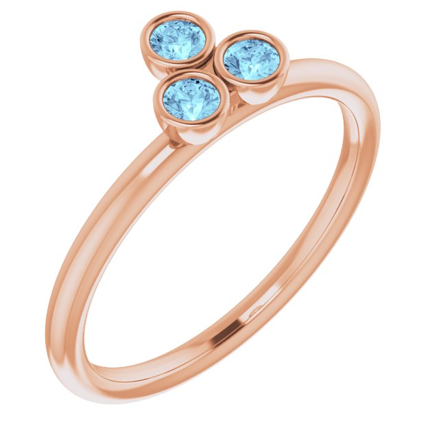 14K Gold Round Natural Aquamarine Stackable Bezel-Set Ring – 2.5mm Stones - Rose Gold