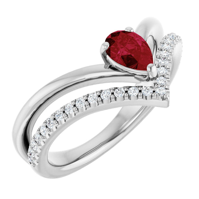 Platinum Pear Natural Ruby & Natural Diamond Negative Space V Ring